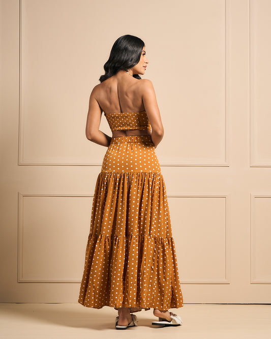 SET NARANJA CON PUNTOS BLANCOS STRAPLESS