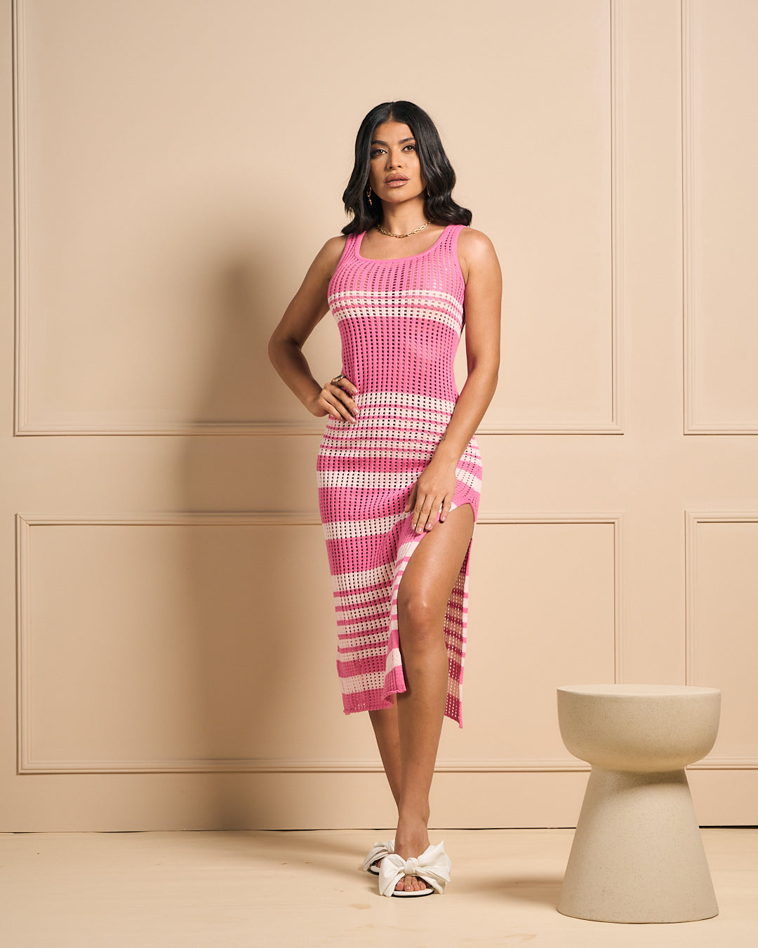 VESTIDO DE RAYAS TEJIDO CON TIRANTES