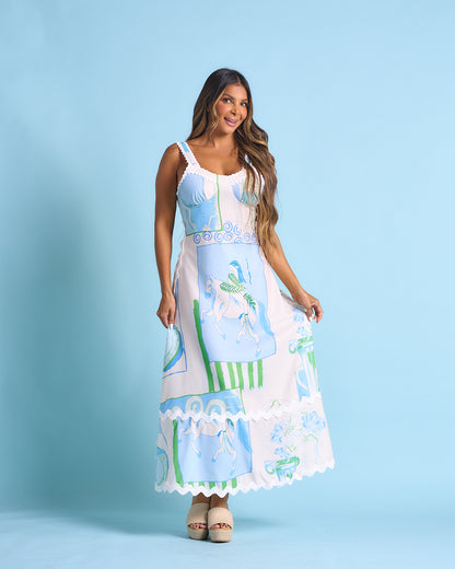VESTIDO BEIGE CON CELESTE