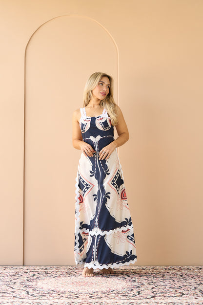 VESTIDO BEIGE CON AZUL